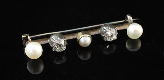 A late Victorian gold and silver, diamond and cultured pearl bar brooch, 1.5in.